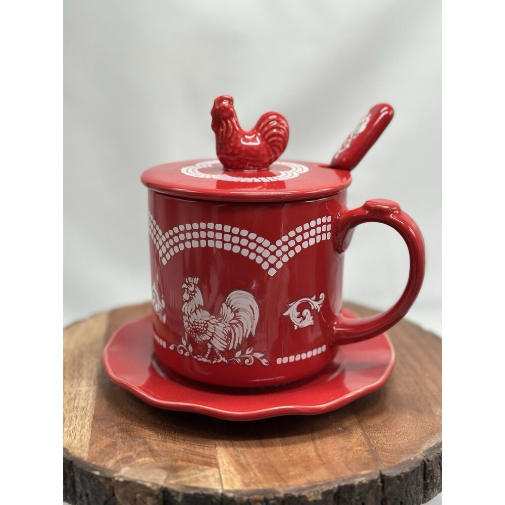 Temp-tations Doodle Doo 20-oz Mug w/ Lid, Spoon & Coaster in Red RARE Collection